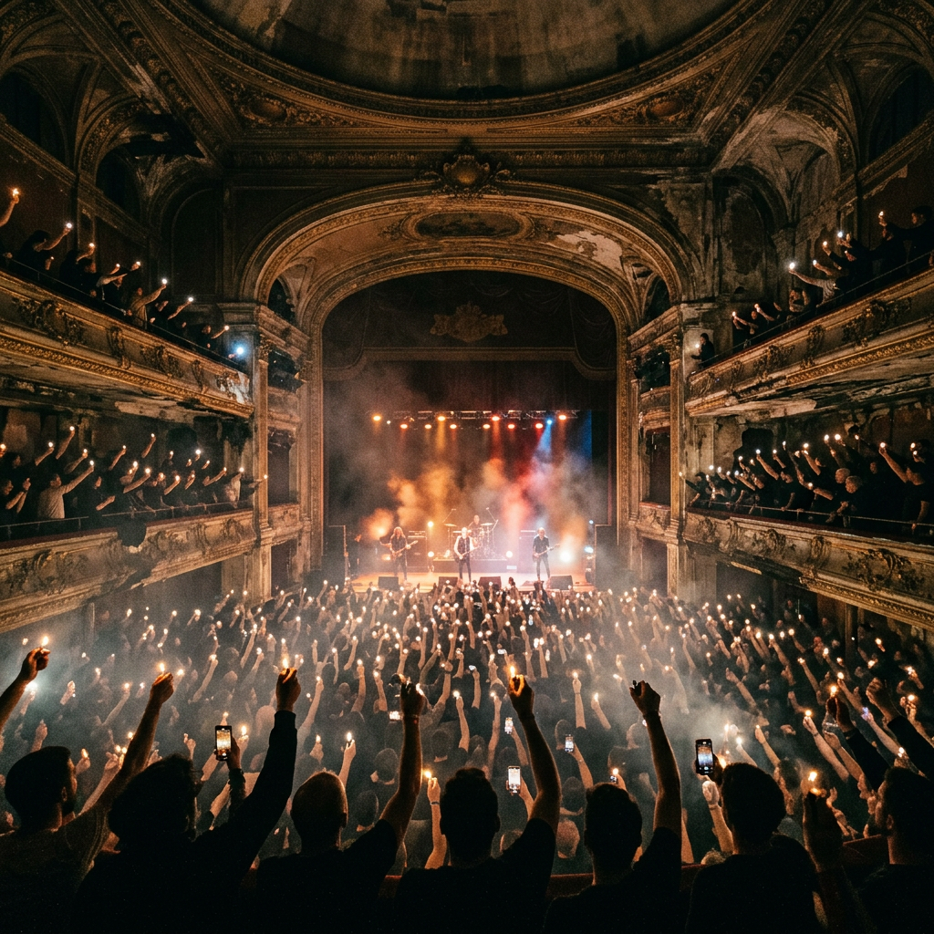 Crowd holding lit candles in an ornate theater at a concert